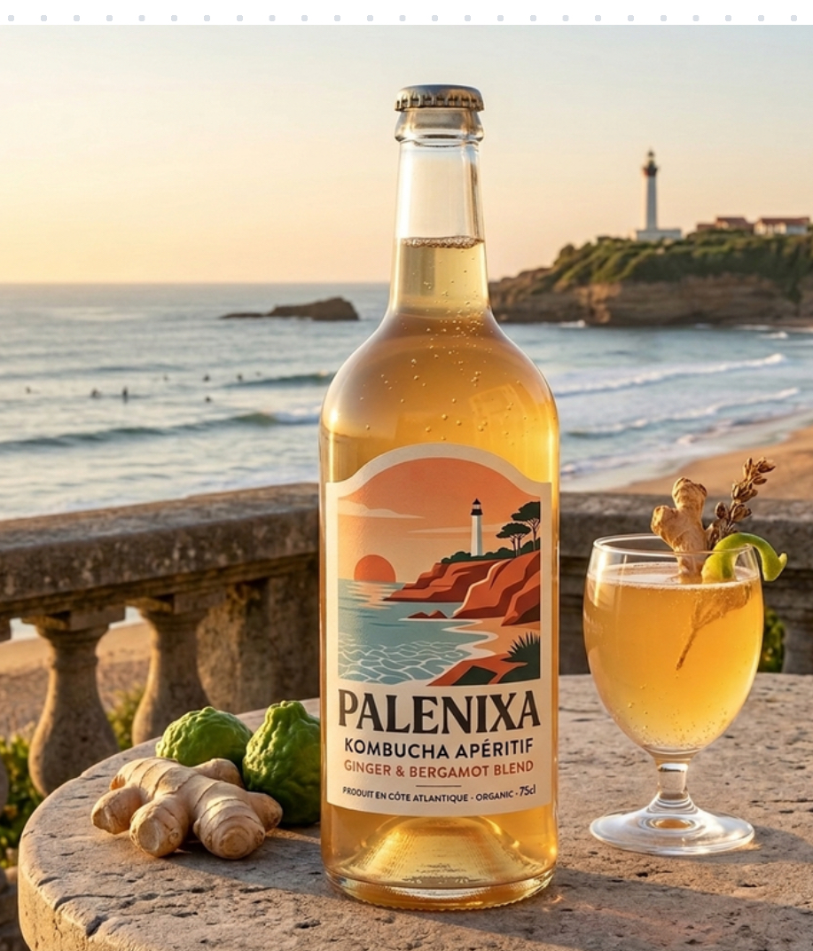 Palenixa Kombucha Apéritif - Ginger & Bergamot Blend bottle on a coastal terrace